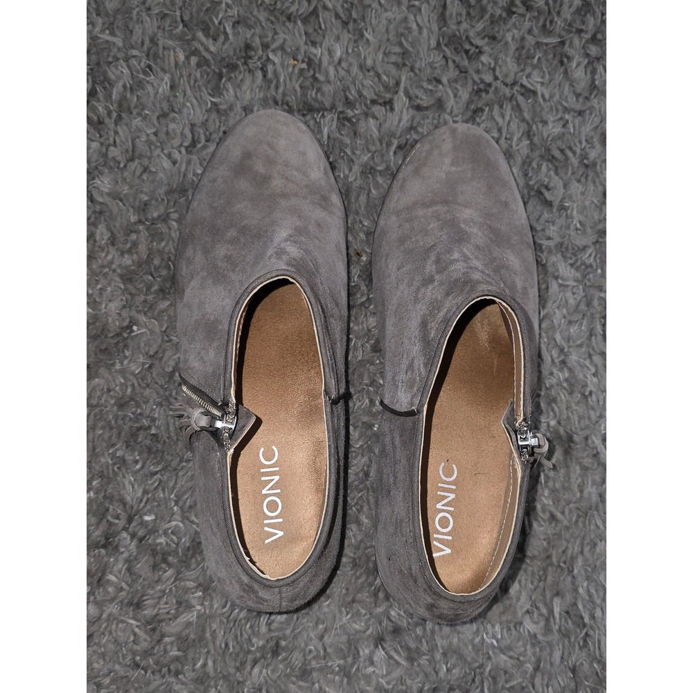 Vionic Serena Grey Suede Ankle Booties Side Zip Tassel Low Block Heel Womens 9 - Picture 2 of 4